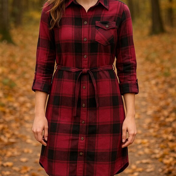 Columbia Red Plaid Flannel Shirt Dress Belted Roll Tab Sleeves Pockets Sz Small - Picture 1 of 13